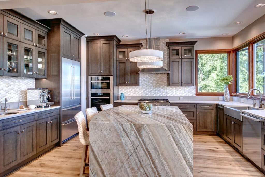 wood cabinets with feature island