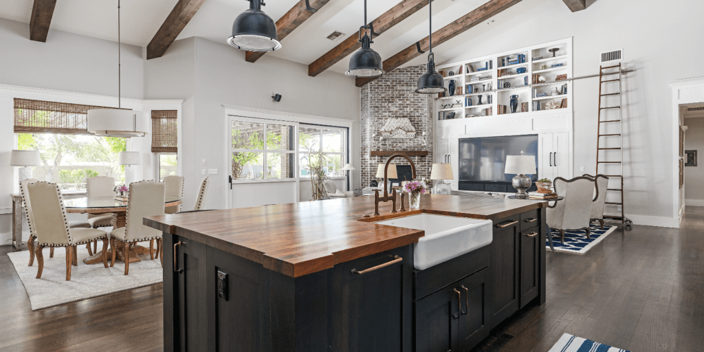 Featuring kitchen island and home that has 2 mixed styles