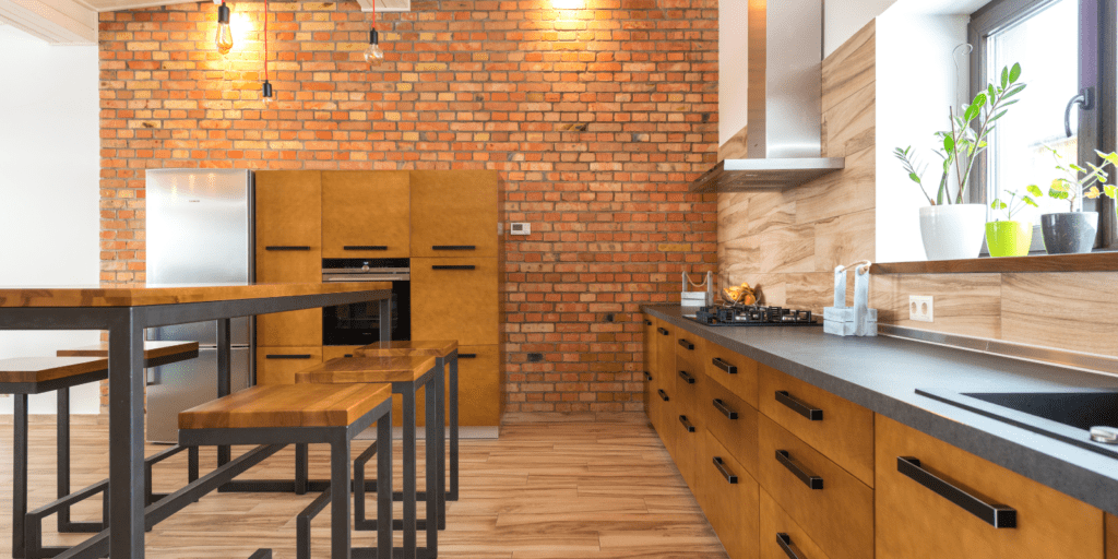 Industrial kitchen with wood cabinets