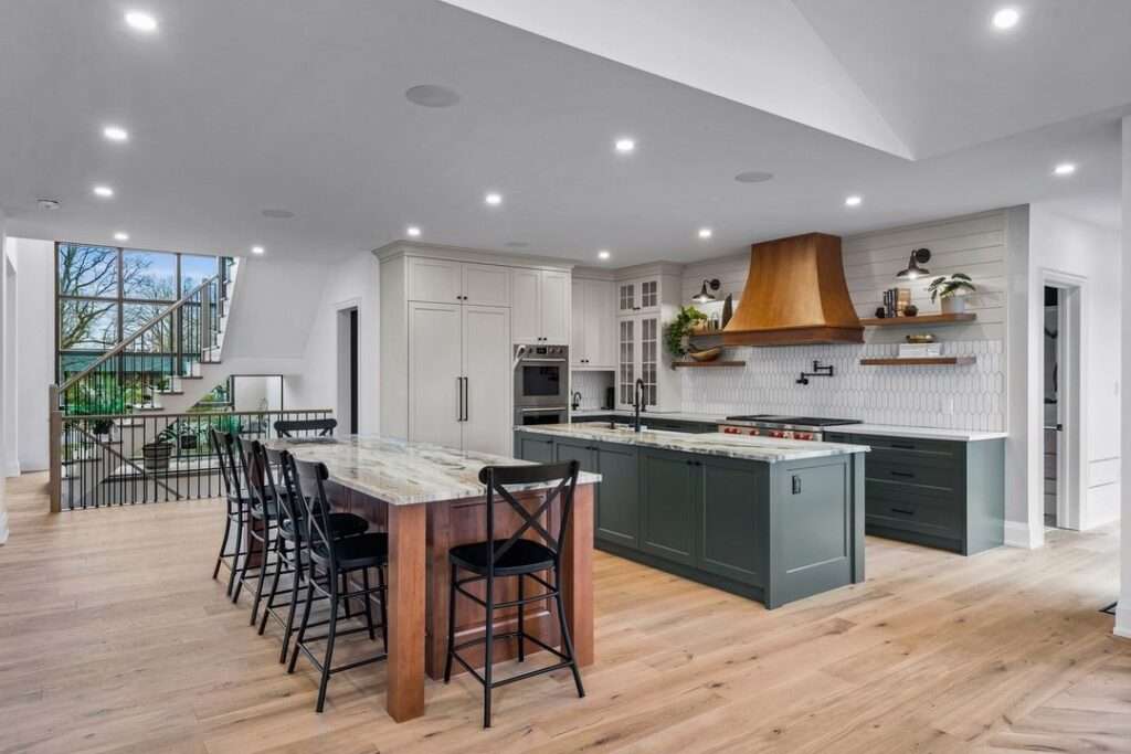 dark green lower kitchen cabinets