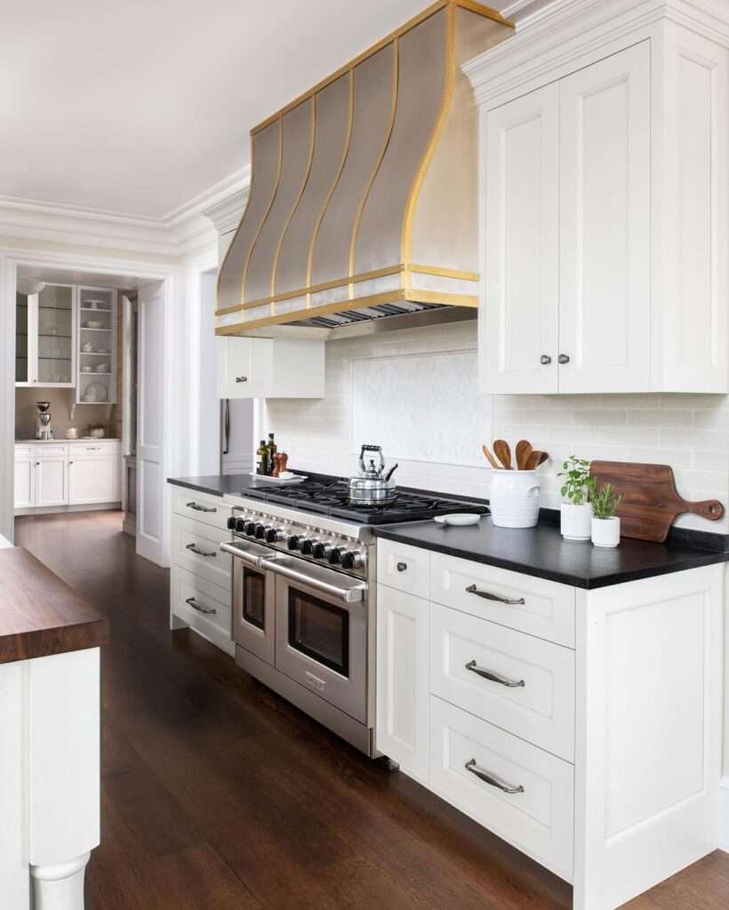 white kitchen accent custom hood vent