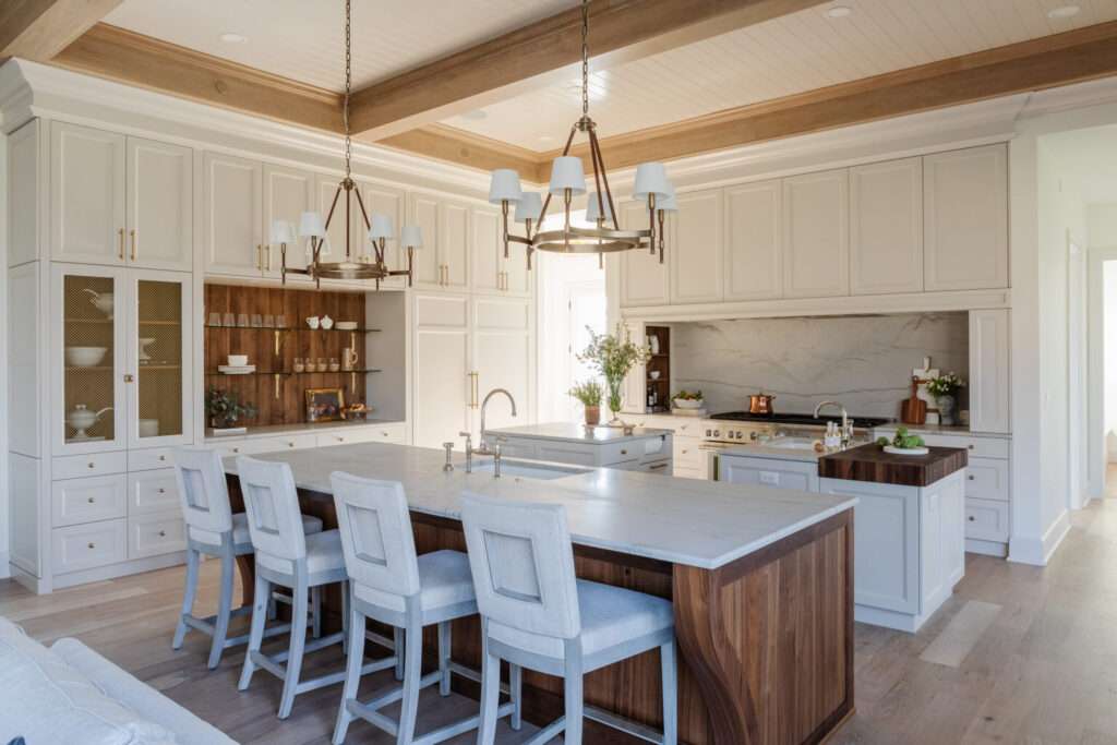 warm white kitchen with walnut accents