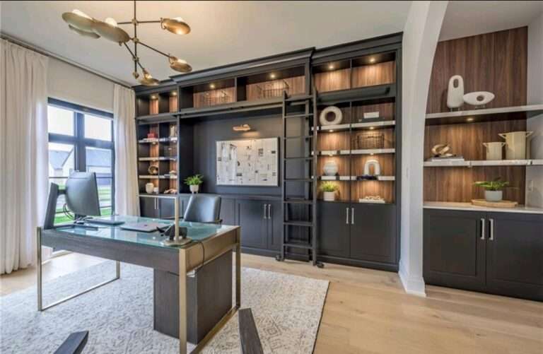 modern black cabinetry with wood paneling