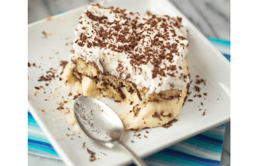 dessert on plate with spoon.